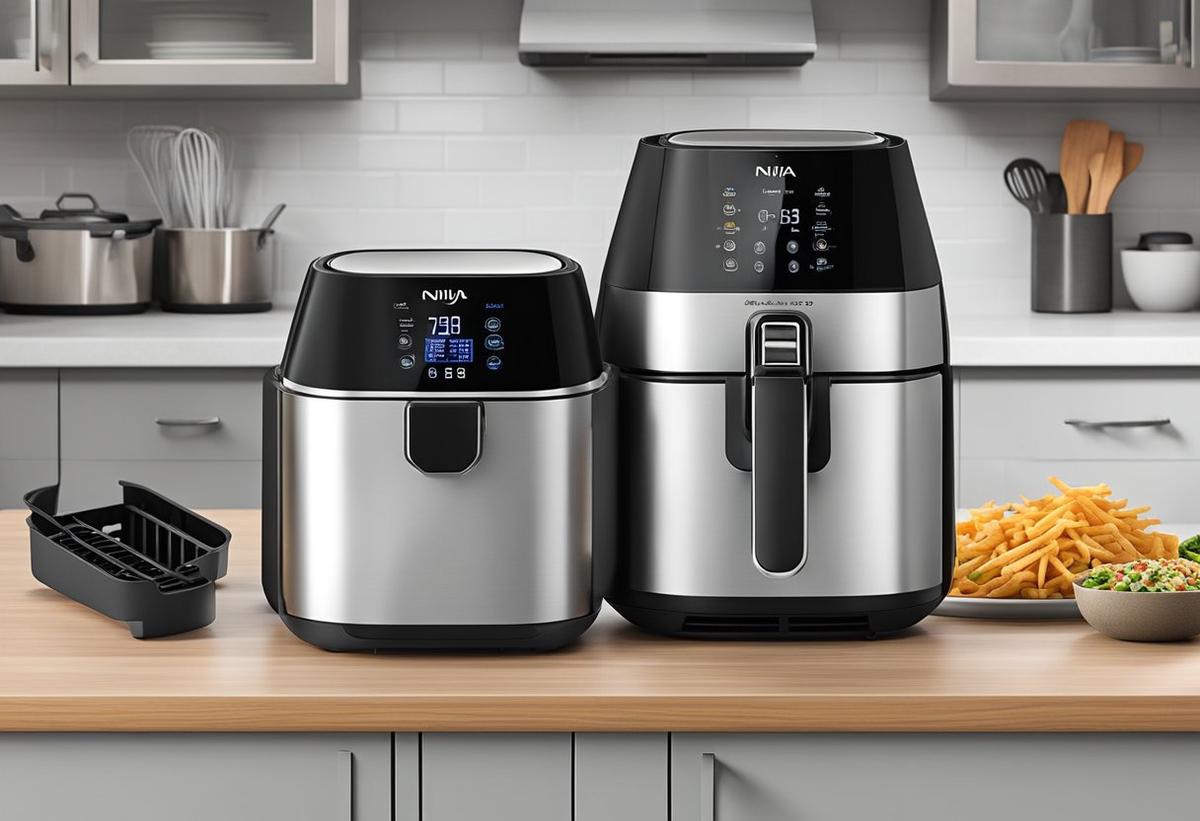 A clean, well-maintained Ninja air fryer sits on a countertop next to a neatly organized rack of accessories. The fryer